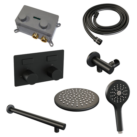 BRAUER Black Carving thermostatische inbouw regendouche met drukknoppen SET 55 met 20 cm douchekop en rechte muurarm en 3-standen handdouche en doucheslang en wandaansluitbocht mat zwart 5-S-190