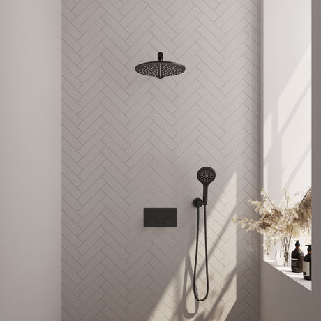 BRAUER Black Carving thermostatische inbouw regendouche met drukknoppen SET 56 met 30 cm douchekop en rechte muurarm en 3-standen handdouche en doucheslang en wandaansluitbocht mat zwart 5-S-191