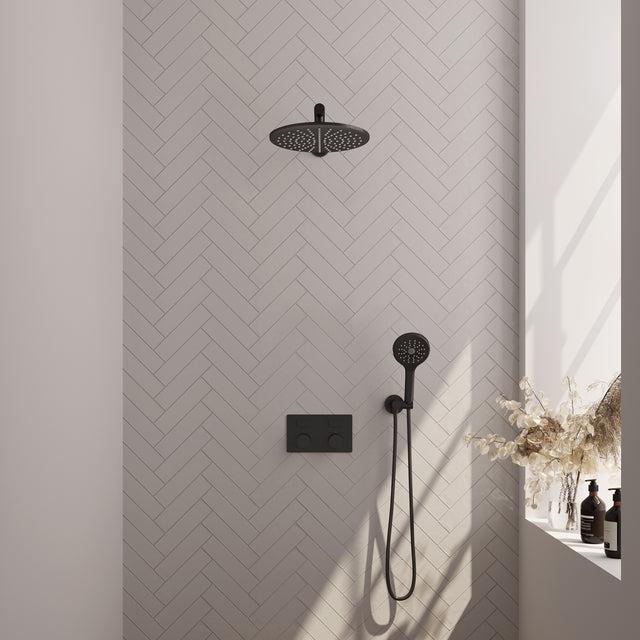 BRAUER Black Carving thermostatische inbouw regendouche met drukknoppen SET 56 met 30 cm douchekop en rechte muurarm en 3-standen handdouche en doucheslang en wandaansluitbocht mat zwart 5-S-191