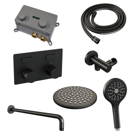 BRAUER Black Carving thermostatische inbouw regendouche met drukknoppen SET 57 met 20 cm douchekop en gebogen muurarm en 3-standen handdouche en doucheslang en wandaansluitbocht mat zwart 5-S-192