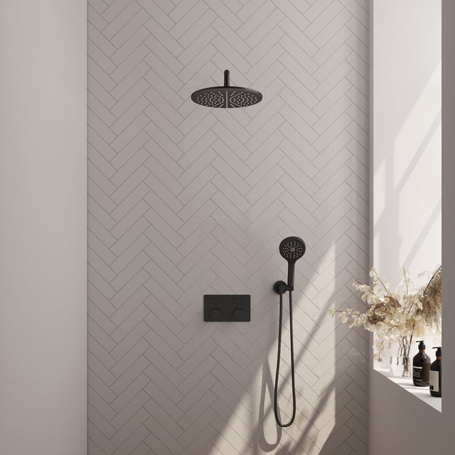 BRAUER Black Carving thermostatische inbouw regendouche met drukknoppen SET 58 met 30 cm douchekop en gebogen muurarm en 3-standen handdouche en doucheslang en wandaansluitbocht mat zwart 5-S-193