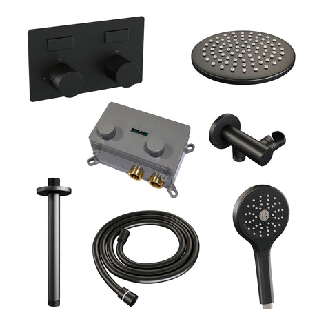 BRAUER Black Carving thermostatische inbouw regendouche met drukknoppen SET 59 met 20 cm douchekop en plafondarm en 3-standen handdouche en doucheslang en wandaansluitbocht mat zwart 5-S-194
