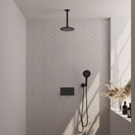 BRAUER Black Carving thermostatische inbouw regendouche met drukknoppen SET 59 met 20 cm douchekop en plafondarm en 3-standen handdouche en doucheslang en wandaansluitbocht mat zwart 5-S-194