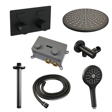 BRAUER Black Carving thermostatische inbouw regendouche met drukknoppen SET 60 met 30 cm douchekop en plafondarm en 3-standen handdouche en doucheslang en wandaansluitbocht mat zwart 5-S-195