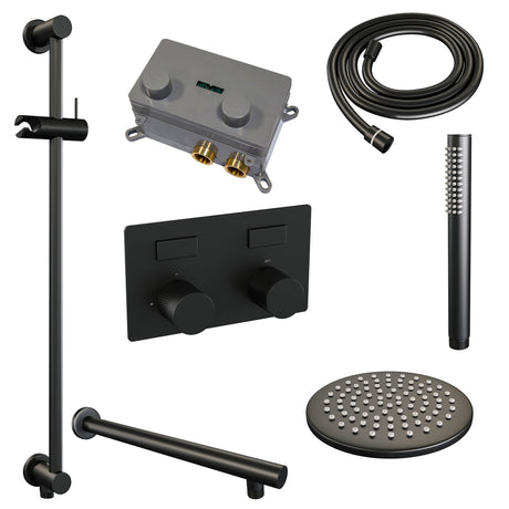 BRAUER Black Carving thermostatische inbouw regendouche met drukknoppen SET 61 met 20 cm douchekop en rechte muurarm en staaf handdouche en doucheslang en geÃ¯ntegreerde glijstang mat zwart 5-S-196
