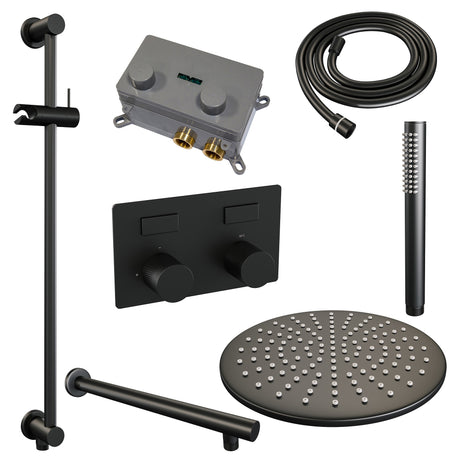 BRAUER Black Carving thermostatische inbouw regendouche met drukknoppen SET 62 met 30 cm douchekop en rechte muurarm en staaf handdouche en doucheslang en geÃ¯ntegreerde glijstang mat zwart 5-S-197