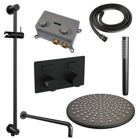 BRAUER Black Carving thermostatische inbouw regendouche met drukknoppen SET 64 met 30 cm douchekop en gebogen muurarm en staaf handdouche en doucheslang en geÃ¯ntegreerde glijstang mat zwart 5-S-199