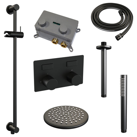 BRAUER Black Carving thermostatische inbouw regendouche met drukknoppen SET 65 met 20 cm douchekop en plafondarm en staaf handdouche en doucheslang en geÃ¯ntegreerde glijstang mat zwart 5-S-200
