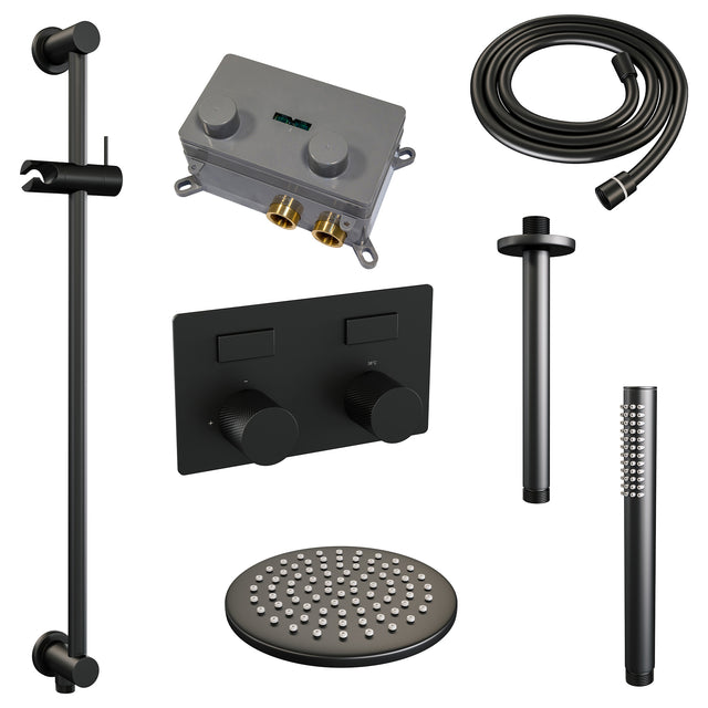 BRAUER Black Carving thermostatische inbouw regendouche met drukknoppen SET 65 met 20 cm douchekop en plafondarm en staaf handdouche en doucheslang en geÃ¯ntegreerde glijstang mat zwart 5-S-200