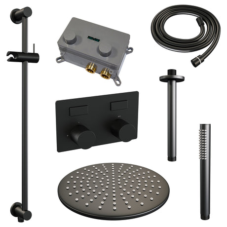BRAUER Black Carving thermostatische inbouw regendouche met drukknoppen SET 66 met 30 cm douchekop en plafondarm en staaf handdouche en doucheslang en geÃ¯ntegreerde glijstang mat zwart 5-S-201