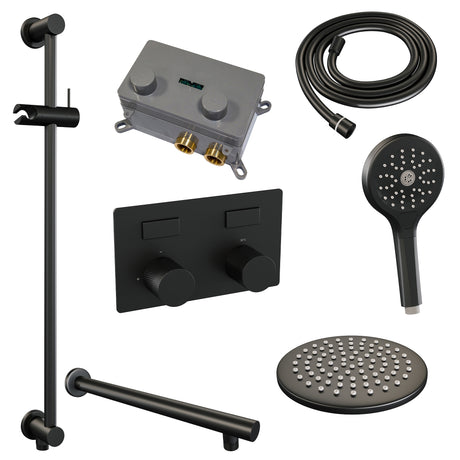 BRAUER Black Carving thermostatische inbouw regendouche met drukknoppen SET 67 met 20 cm douchekop en rechte muurarm en 3-standen handdouche en doucheslang en geÃ¯ntegreerde glijstang mat zwart 5-S-202
