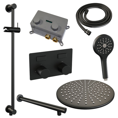 BRAUER Black Carving thermostatische inbouw regendouche met drukknoppen SET 68 met 30 cm douchekop en rechte muurarm en 3-standen handdouche en doucheslang en geÃ¯ntegreerde glijstang mat zwart 5-S-203