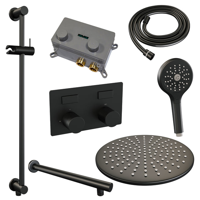 BRAUER Black Carving thermostatische inbouw regendouche met drukknoppen SET 68 met 30 cm douchekop en rechte muurarm en 3-standen handdouche en doucheslang en geÃ¯ntegreerde glijstang mat zwart 5-S-203