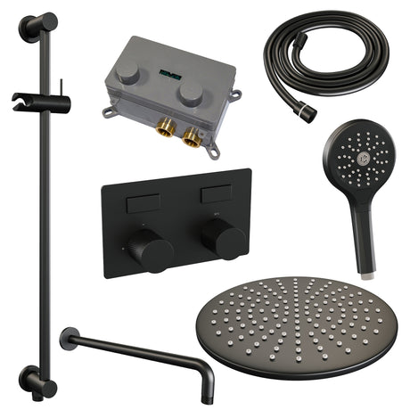 BRAUER Black Carving thermostatische inbouw regendouche met drukknoppen SET 70 met 30 cm douchekop en gebogen muurarm en 3-standen handdouche en doucheslang en geÃ¯ntegreerde glijstang mat zwart 5-S-205