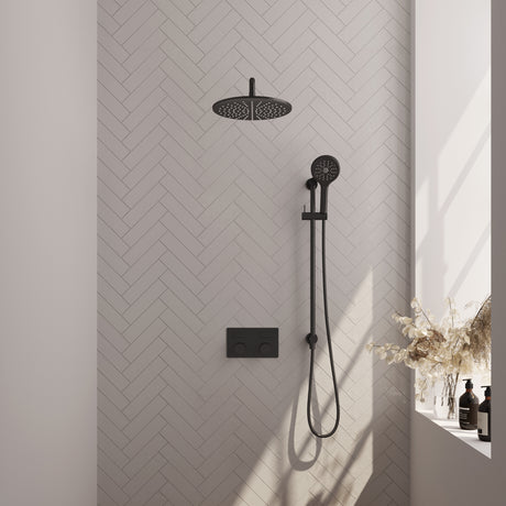 BRAUER Black Carving thermostatische inbouw regendouche met drukknoppen SET 70 met 30 cm douchekop en gebogen muurarm en 3-standen handdouche en doucheslang en geÃ¯ntegreerde glijstang mat zwart 5-S-205