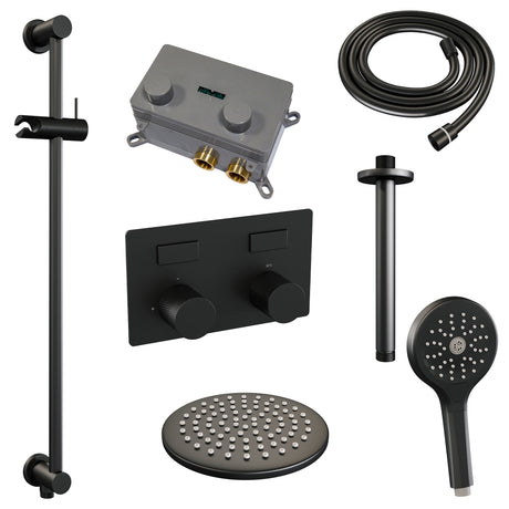 BRAUER Black Carving thermostatische inbouw regendouche met drukknoppen SET 71 met 20 cm douchekop en plafondarm en 3-standen handdouche en doucheslang en geÃ¯ntegreerde glijstang mat zwart 5-S-206