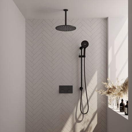 BRAUER Black Carving thermostatische inbouw regendouche met drukknoppen SET 72 met 30 cm douchekop en plafondarm en 3-standen handdouche en doucheslang en geïntegreerde glijstang mat zwart 5-S-207