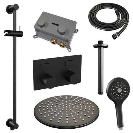 BRAUER Black Carving thermostatische inbouw regendouche met drukknoppen SET 72 met 30 cm douchekop en plafondarm en 3-standen handdouche en doucheslang en geïntegreerde glijstang mat zwart 5-S-207