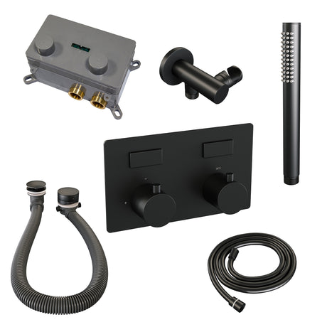 BRAUER Black Edition thermostatische inbouw badkraan met drukknoppen SET 03 met badvulcombinatie en staaf handdouche en doucheslang en wandaansluitbocht mat zwart 5-S-208
