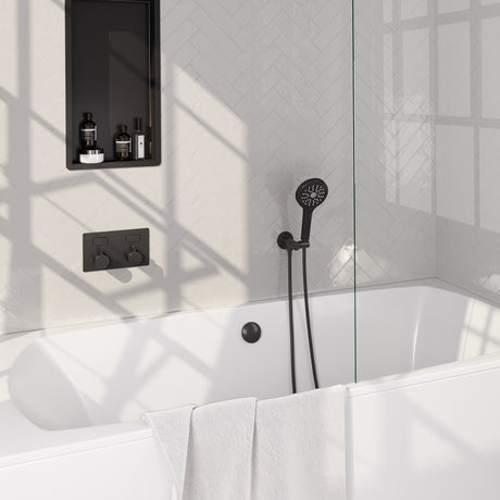 BRAUER Black Edition thermostatische inbouw badkraan met drukknoppen SET 04 met badvulcombinatie en 3-standen handdouche en doucheslang en wandaansluitbocht mat zwart 5-S-209