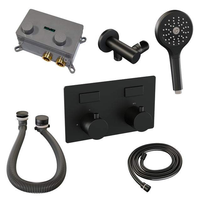 BRAUER Black Edition thermostatische inbouw badkraan met drukknoppen SET 04 met badvulcombinatie en 3-standen handdouche en doucheslang en wandaansluitbocht mat zwart 5-S-209
