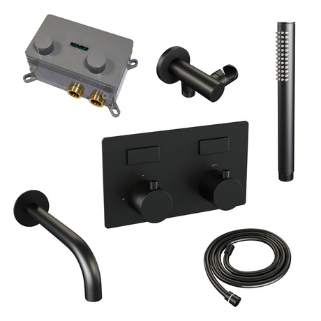 BRAUER Black Edition thermostatische inbouw badkraan met drukknoppen SET 03 met uitloop en staaf handdouche en doucheslang en wandaansluitbocht mat zwart 5-S-210