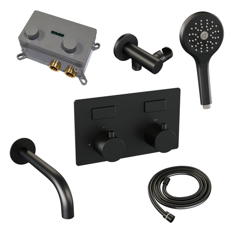 BRAUER Black Edition thermostatische inbouw badkraan met drukknoppen SET 04 met uitloop en 3-standen handdouche en doucheslang en wandaansluitbocht mat zwart 5-S-211