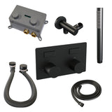 BRAUER Black Carving thermostatische inbouw badkraan met drukknoppen SET 03 met badvulcombinatie en staaf handdouche en doucheslang en wandaansluitbocht mat zwart 5-S-212