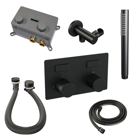 BRAUER Black Carving thermostatische inbouw badkraan met drukknoppen SET 03 met badvulcombinatie en staaf handdouche en doucheslang en wandaansluitbocht mat zwart 5-S-212