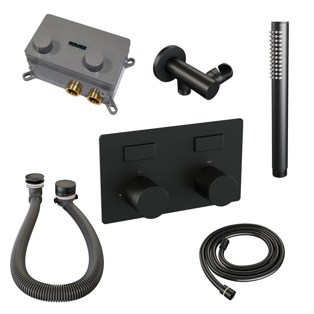 BRAUER Black Carving thermostatische inbouw badkraan met drukknoppen SET 03 met badvulcombinatie en staaf handdouche en doucheslang en wandaansluitbocht mat zwart 5-S-212
