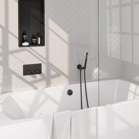 BRAUER Black Carving thermostatische inbouw badkraan met drukknoppen SET 03 met badvulcombinatie en staaf handdouche en doucheslang en wandaansluitbocht mat zwart 5-S-212