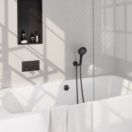 BRAUER Black Carving thermostatische inbouw badkraan met drukknoppen SET 04 met badvulcombinatie en 3-standen handdouche en doucheslang en wandaansluitbocht mat zwart 5-S-213