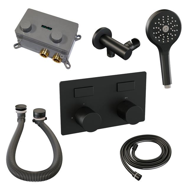 BRAUER Black Carving thermostatische inbouw badkraan met drukknoppen SET 04 met badvulcombinatie en 3-standen handdouche en doucheslang en wandaansluitbocht mat zwart 5-S-213