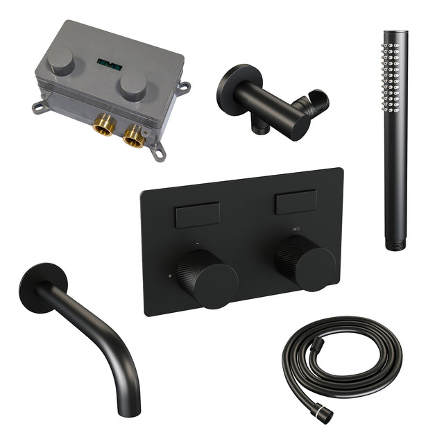 BRAUER Black Carving thermostatische inbouw badkraan met drukknoppen SET 03 met uitloop en staaf handdouche en doucheslang en wandaansluitbocht mat zwart 5-S-214