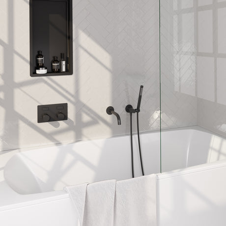 BRAUER Black Carving thermostatische inbouw badkraan met drukknoppen SET 03 met uitloop en staaf handdouche en doucheslang en wandaansluitbocht mat zwart 5-S-214