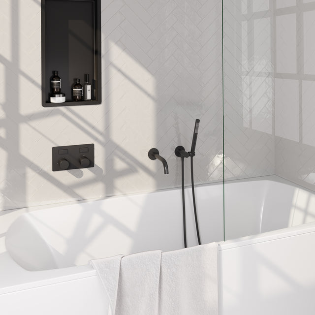 BRAUER Black Carving thermostatische inbouw badkraan met drukknoppen SET 03 met uitloop en staaf handdouche en doucheslang en wandaansluitbocht mat zwart 5-S-214