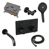 BRAUER Black Carving thermostatische inbouw badkraan met drukknoppen SET 04 met uitloop en 3-standen handdouche en doucheslang en wandaansluitbocht mat zwart 5-S-215