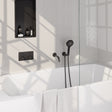 BRAUER Black Carving thermostatische inbouw badkraan met drukknoppen SET 04 met uitloop en 3-standen handdouche en doucheslang en wandaansluitbocht mat zwart 5-S-215