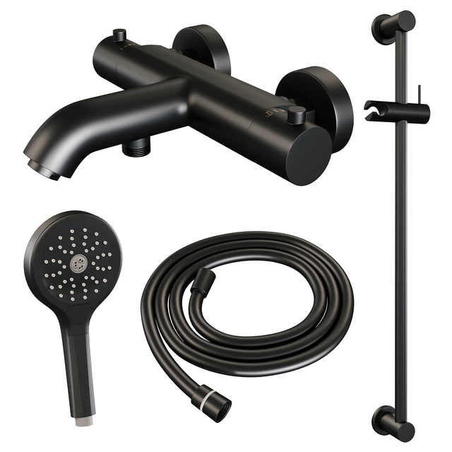 BRAUER Black Edition opbouw baddouche thermostaatkraan SET 02 met glijstang en 3-standen handdouche en doucheslang mat zwart 5-S-231