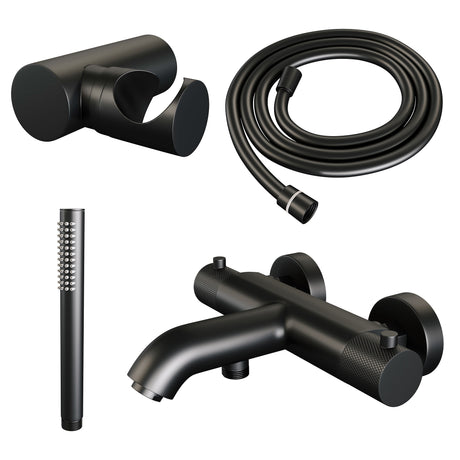 BRAUER Black Carving opbouw baddouche thermostaatkraan SET 03 met wandhouder en staaf handdouche en doucheslang mat zwart 5-S-246
