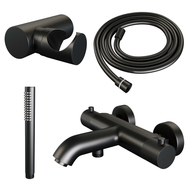 BRAUER Black Carving opbouw baddouche thermostaatkraan SET 03 met wandhouder en staaf handdouche en doucheslang mat zwart 5-S-246