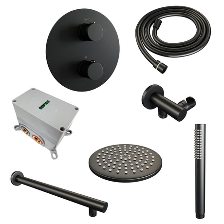 BRAUER Black Edition thermostatische inbouw regendouche 3-weg rond SET 73 met 20 cm douchekop en rechte muurarm en staaf handdouche en doucheslang en wandaansluitbocht mat zwart 5-S-267