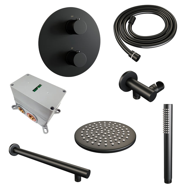 BRAUER Black Edition thermostatische inbouw regendouche 3-weg rond SET 73 met 20 cm douchekop en rechte muurarm en staaf handdouche en doucheslang en wandaansluitbocht mat zwart 5-S-267