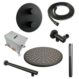 BRAUER Black Edition thermostatische inbouw regendouche 3-weg rond SET 74 met 30 cm douchekop en rechte muurarm en staaf handdouche en doucheslang en wandaansluitbocht mat zwart 5-S-268