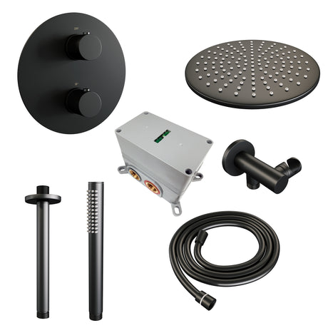BRAUER Black Edition thermostatische inbouw regendouche 3-weg rond SET 78 met 30 cm douchekop en plafondarm en staaf handdouche en doucheslang en wandaansluitbocht mat zwart 5-S-272
