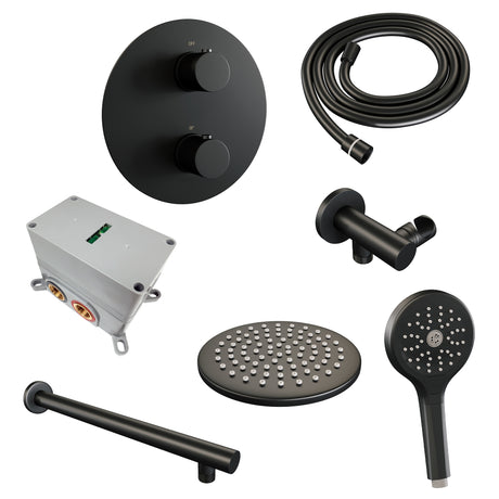 BRAUER Black Edition thermostatische inbouw regendouche 3-weg rond SET 79 met 20 cm douchekop en rechte muurarm en 3-standen handdouche en doucheslang en wandaansluitbocht mat zwart 5-S-273