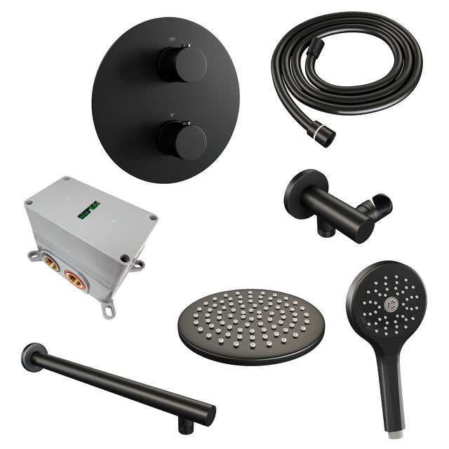 BRAUER Black Edition thermostatische inbouw regendouche 3-weg rond SET 79 met 20 cm douchekop en rechte muurarm en 3-standen handdouche en doucheslang en wandaansluitbocht mat zwart 5-S-273