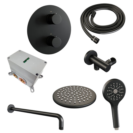 BRAUER Black Edition thermostatische inbouw regendouche 3-weg rond SET 81 met 20 cm douchekop en gebogen muurarm en 3-standen handdouche en doucheslang en wandaansluitbocht mat zwart 5-S-275