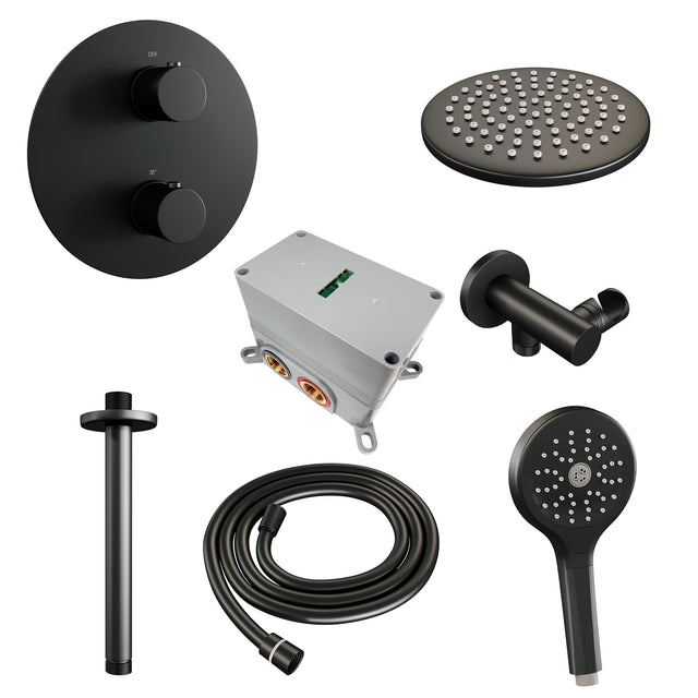 BRAUER Black Edition thermostatische inbouw regendouche 3-weg rond SET 83 met 20 cm douchekop en plafondarm en 3-standen handdouche en doucheslang en wandaansluitbocht mat zwart 5-S-277