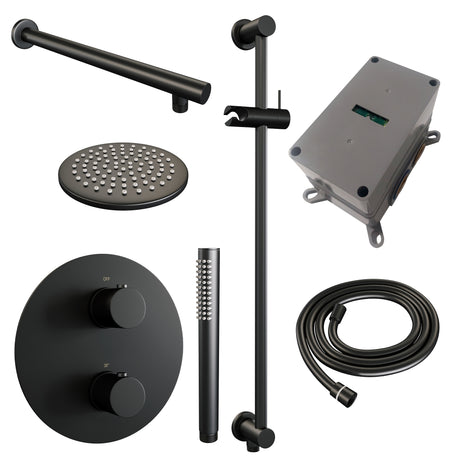 BRAUER Black Edition thermostatische inbouw regendouche 3-weg rond SET 85 met 20 cm douchekop en rechte muurarm en staaf handdouche en doucheslang en geïntegreerde glijstang mat zwart 5-S-279